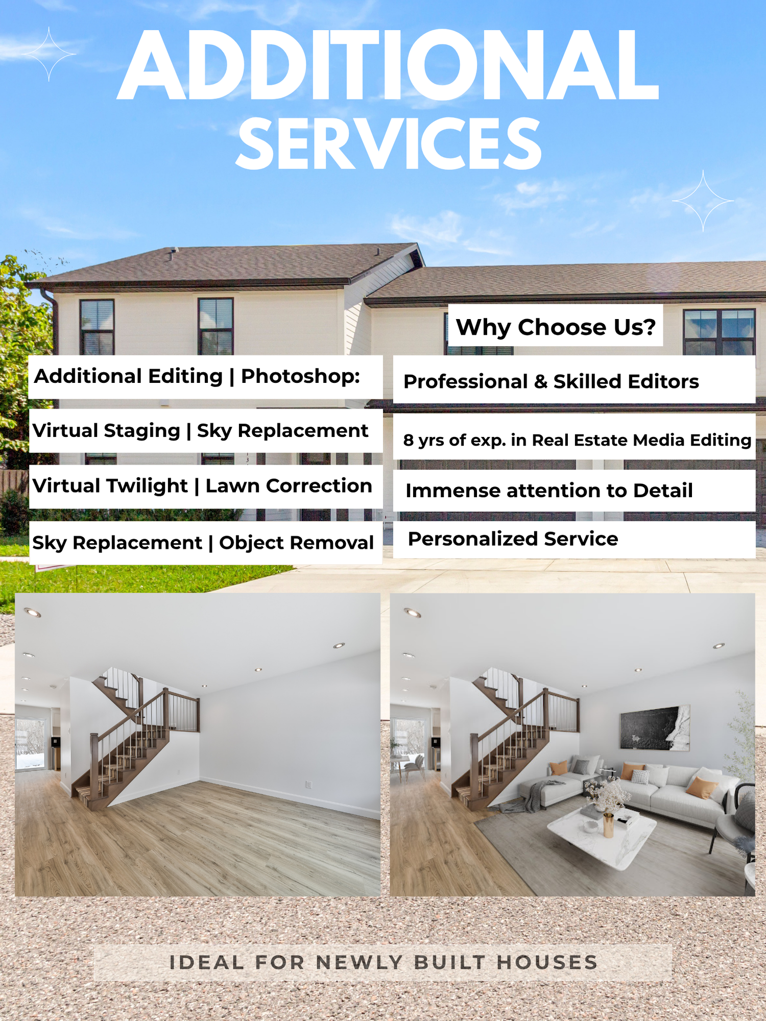 Comprehensive real estate photo editing services including virtual staging, sky replacement, lawn enhancement, and digital touch-ups for FL.