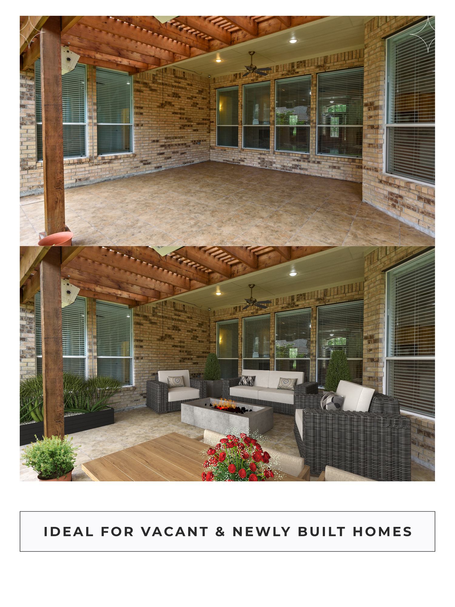 Before and after patio editing example showing sky replacement and lawn correction for real estate marketing.