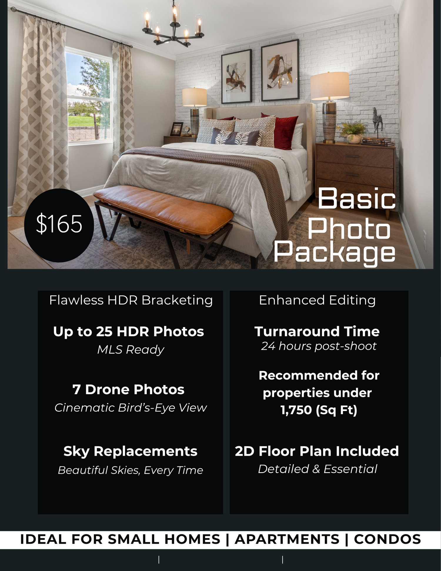 Basic real estate photo package: up to 25 HDR photos, 7 drone photos, a 2D floor plan and sky replacements.