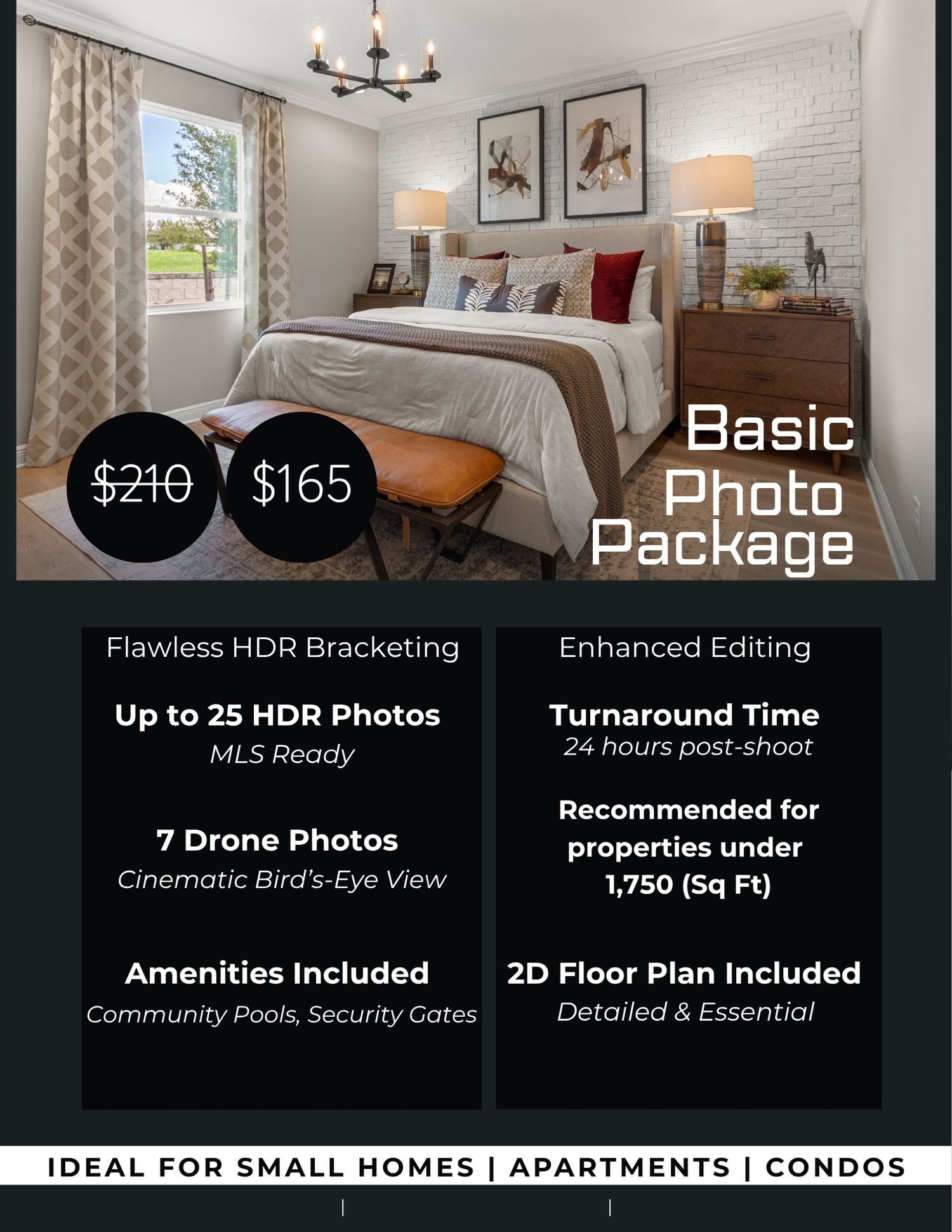 Basic real estate photography package with HDR photos, drone shots, and floor plan for small homes, apartments, and condos.