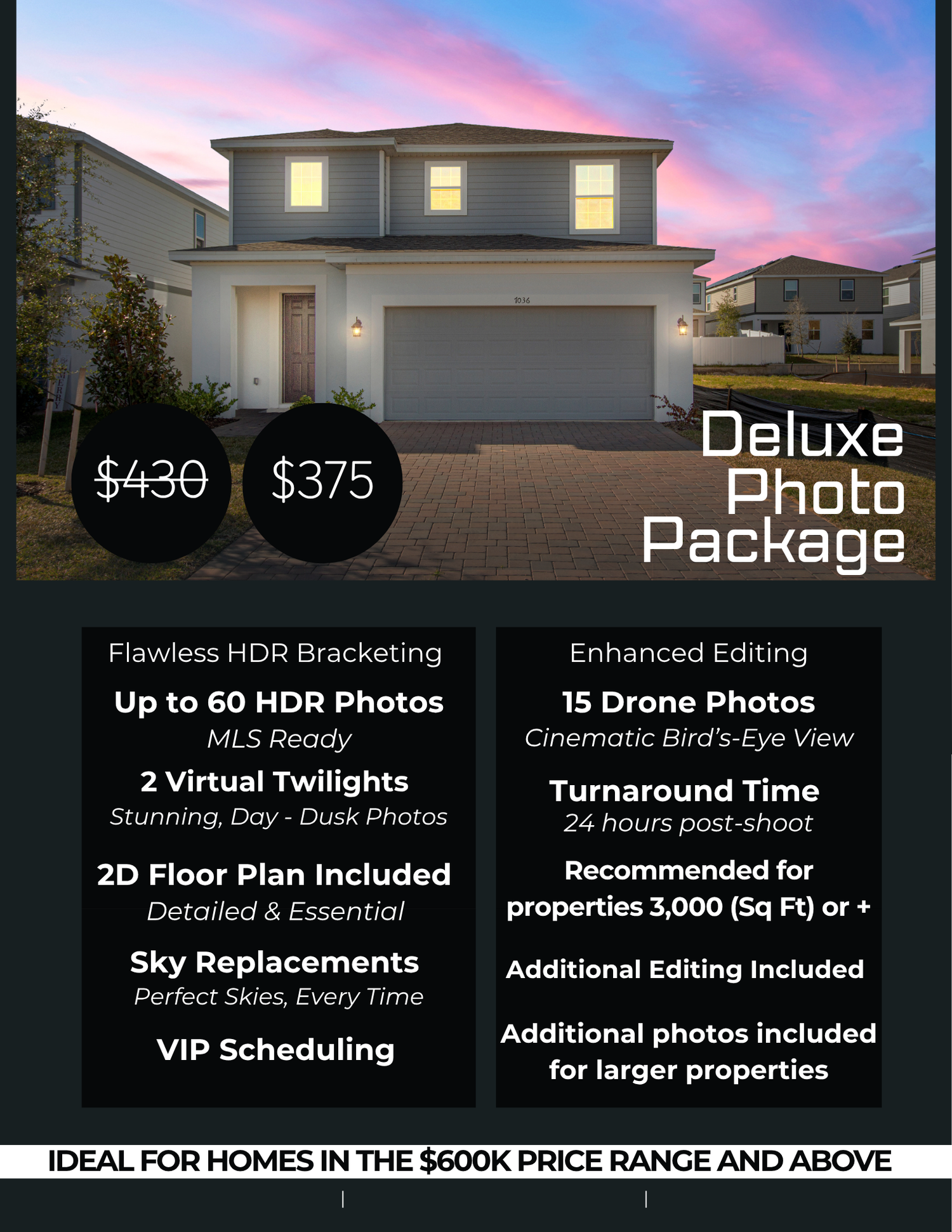 Deluxe real estate media package featuring HDR photos, drone photos, floor plan, and virtual twilight editing.