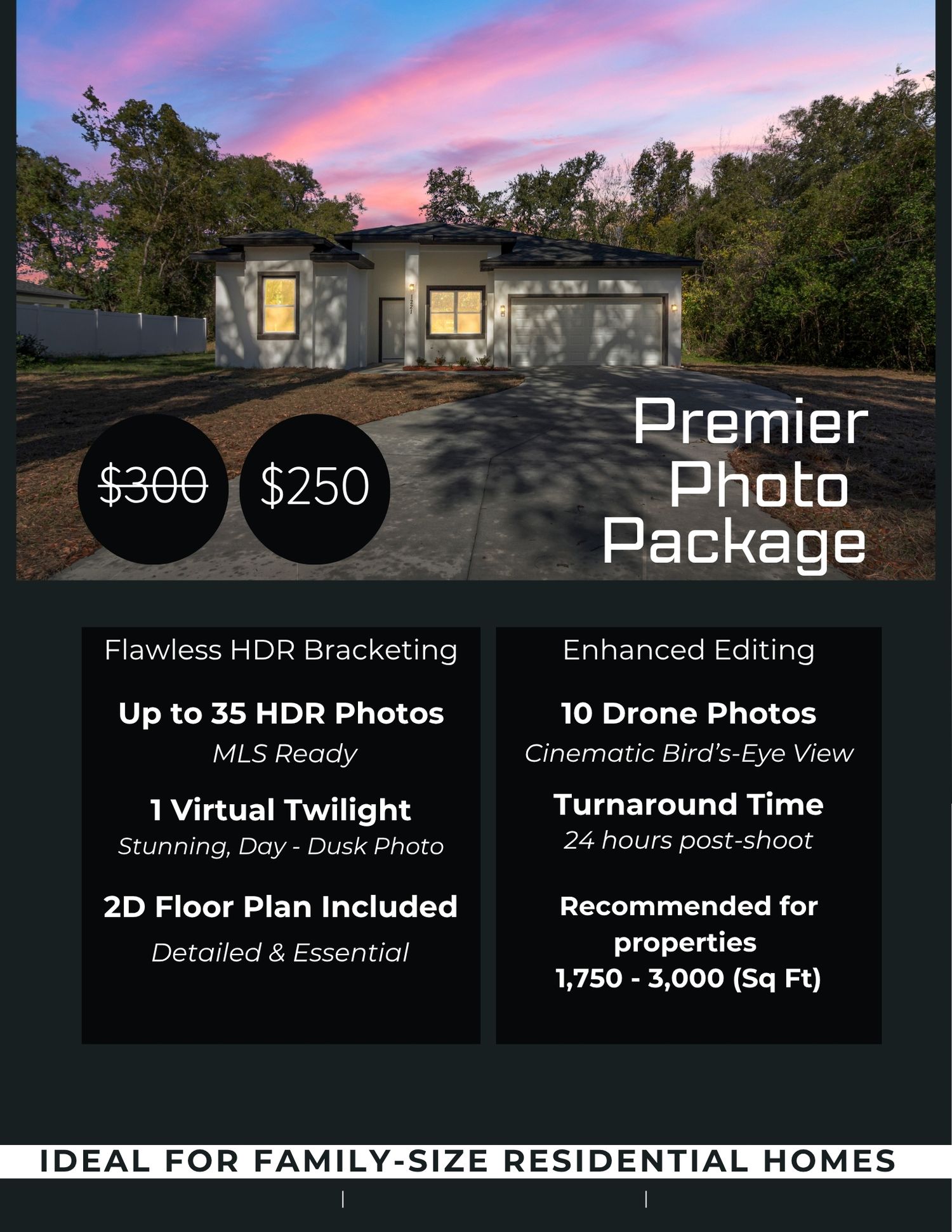Premier real estate photography package with HDR photos, drone shots, virtual twilight, and floor plan for mid-size homes.