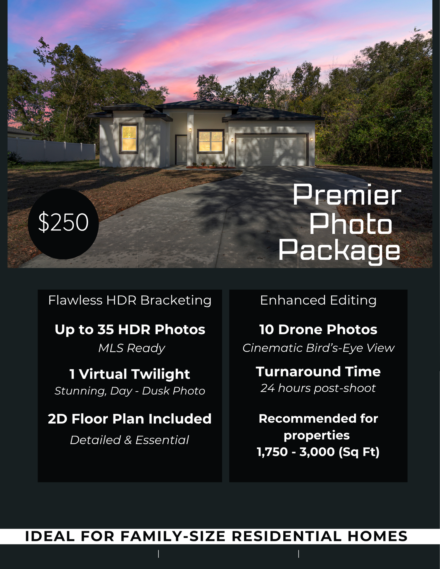 Premier real estate photo package: up to 35 HDR photos, 10 drone photos, one virtual twilight and a 2D floor plan.