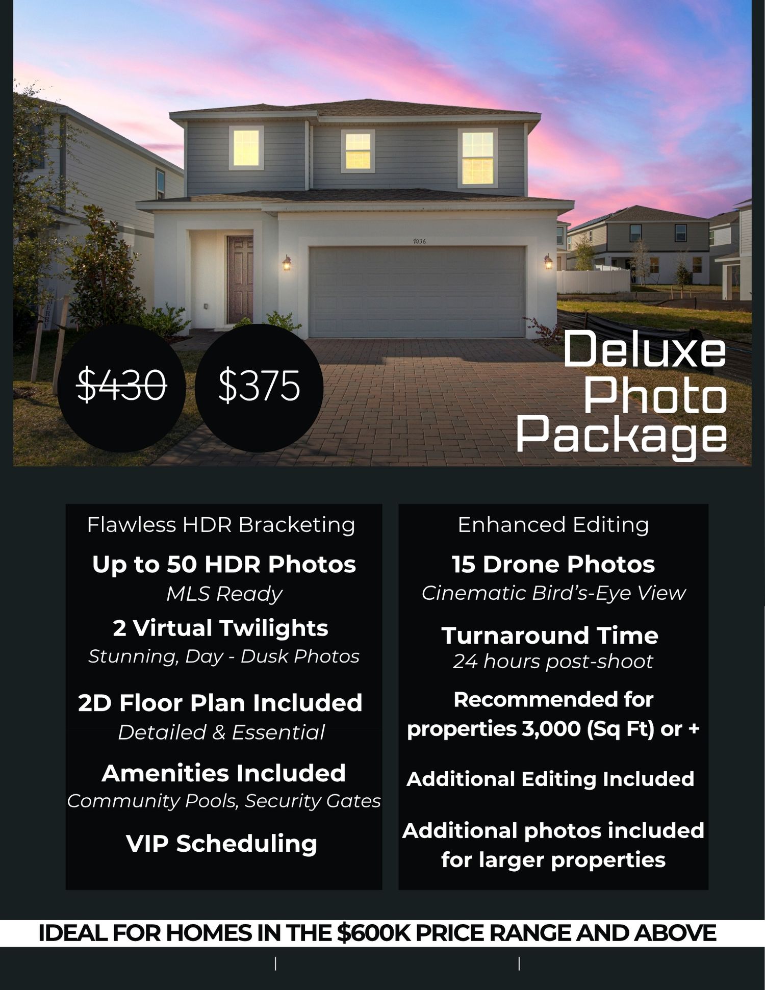 Deluxe real estate photography package with HDR photos, drone shots, virtual twilights, and floor plan for luxury homes.