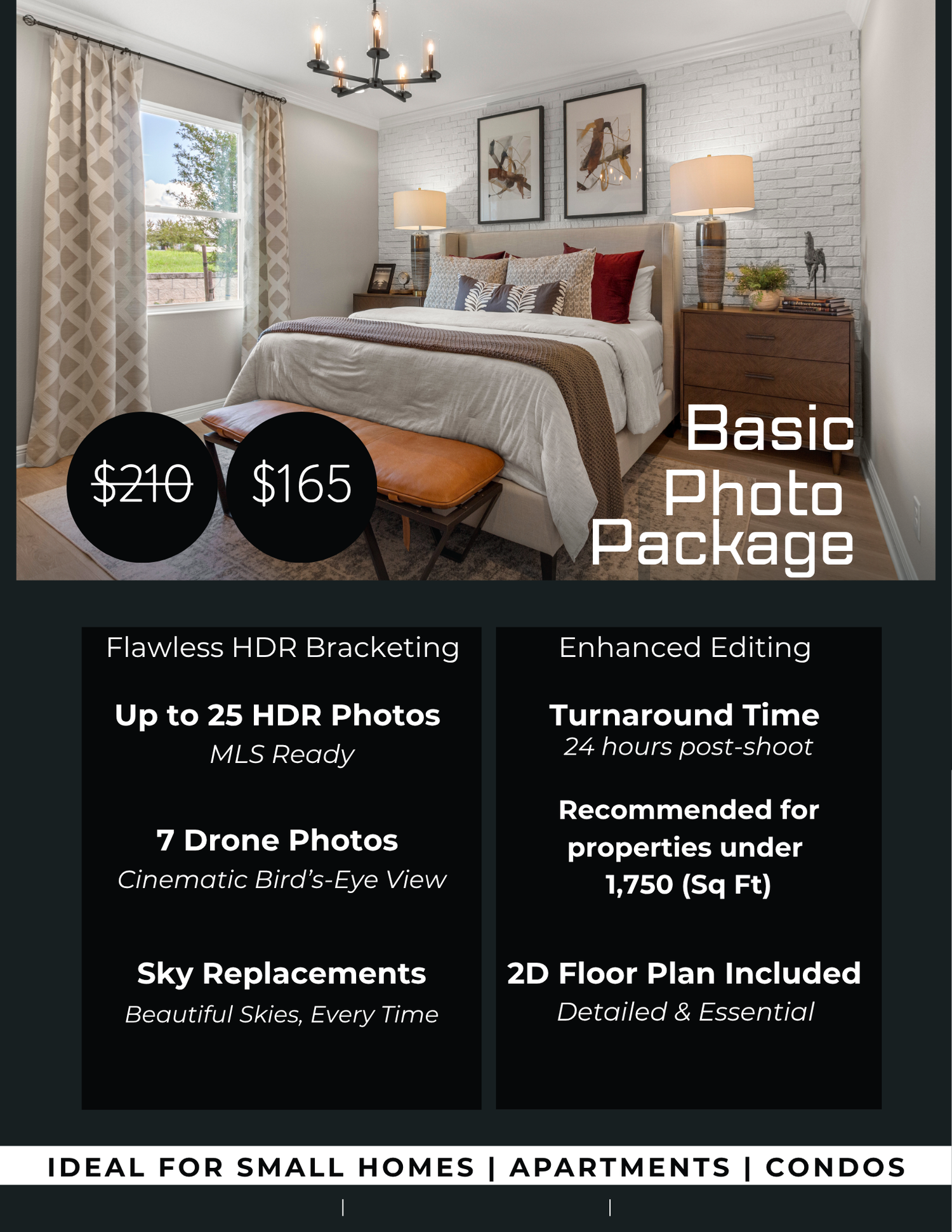 Basic real estate photo package with HDR listing photos, drone photos, floor plan, and professional property media.