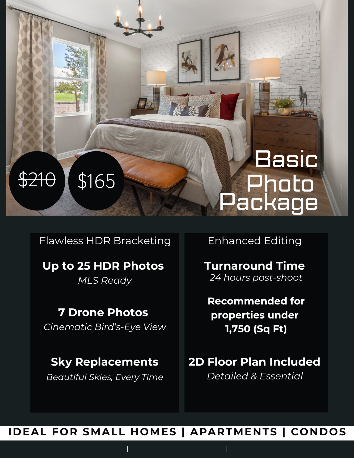 Basic real estate photo package featuring HDR interior photos, drone images, a 2D floor plan, sky replacement and fast delivery.