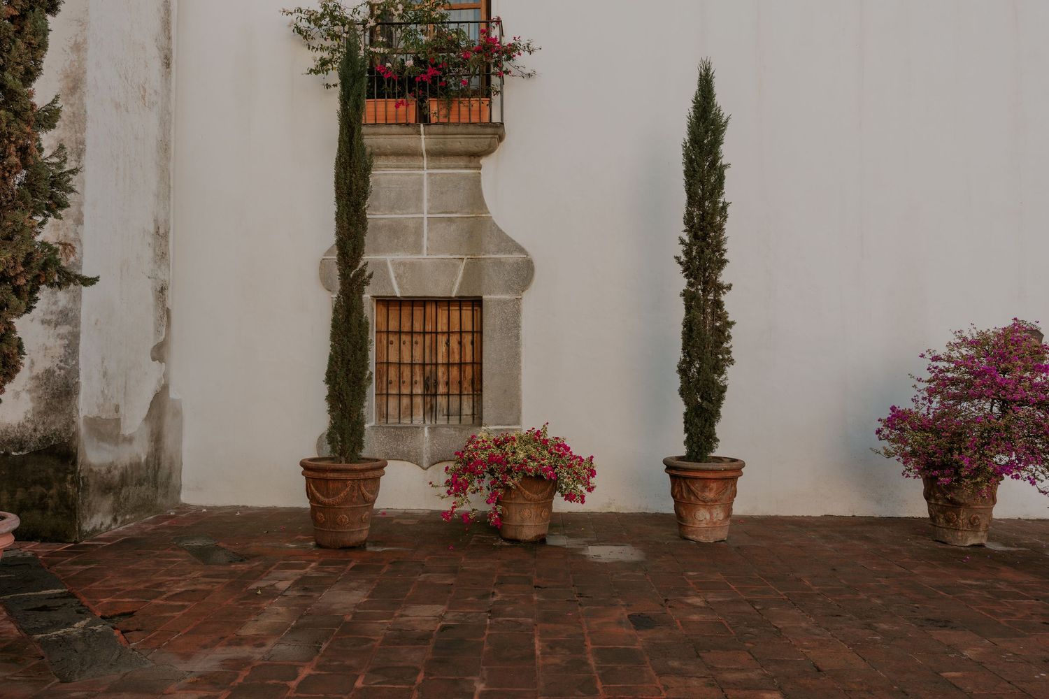 Mediterranean courtyard with white stucco wall, potted cypress trees, window with iron grating, and terracotta floor tiles.