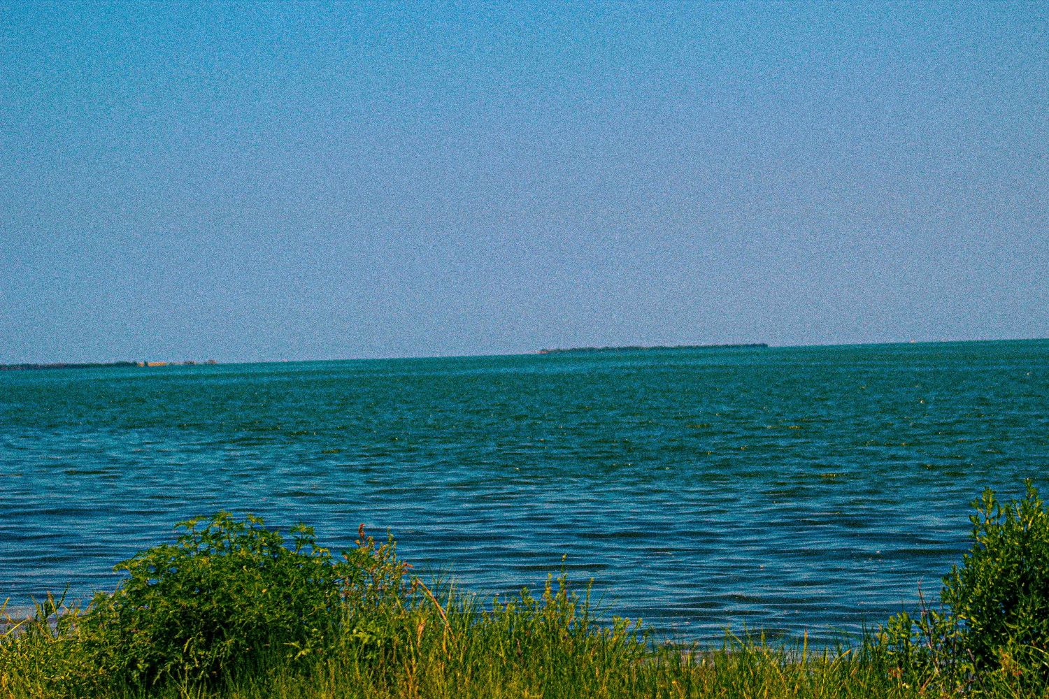 Vast blue lake stretching to the horizon under a clear sky, with lush green vegetation along the shoreline.