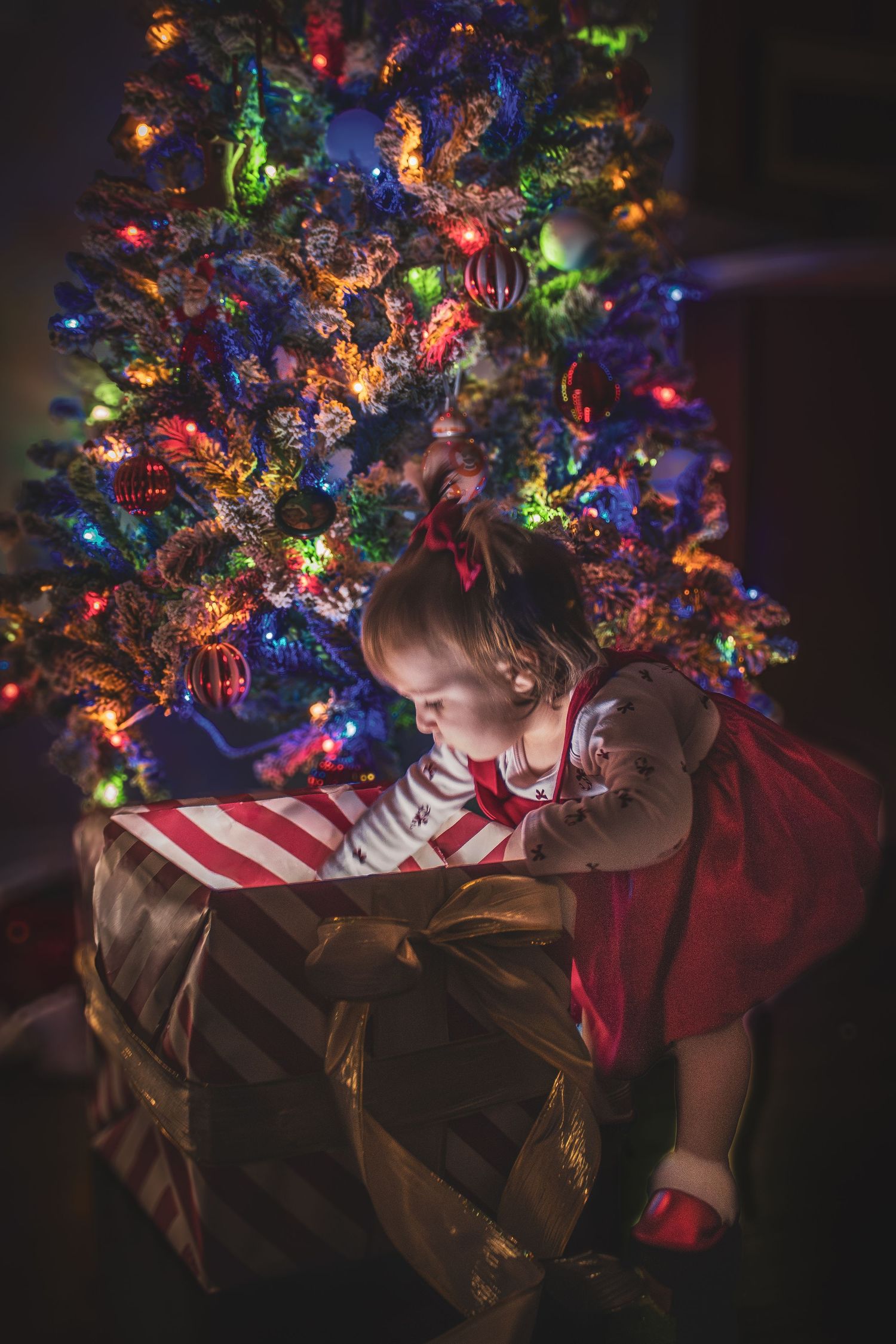 A toddler girl in a red dress opens a large gift box under a colorfully lit Christmas tree.
