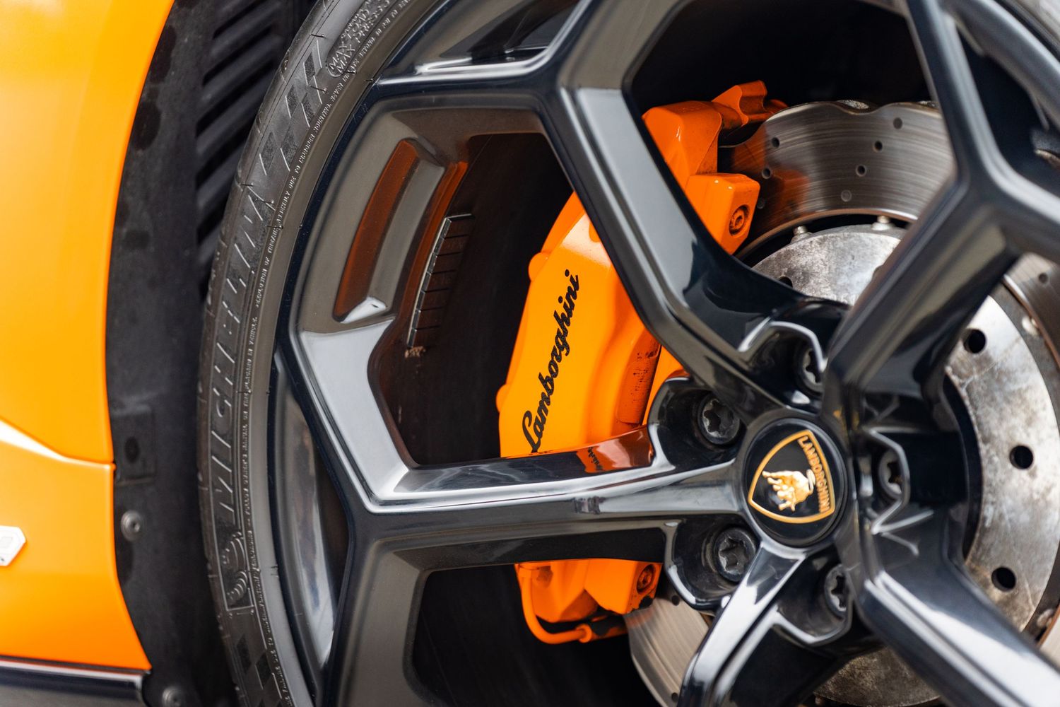 Up close detail of a Lamborghini's brakes