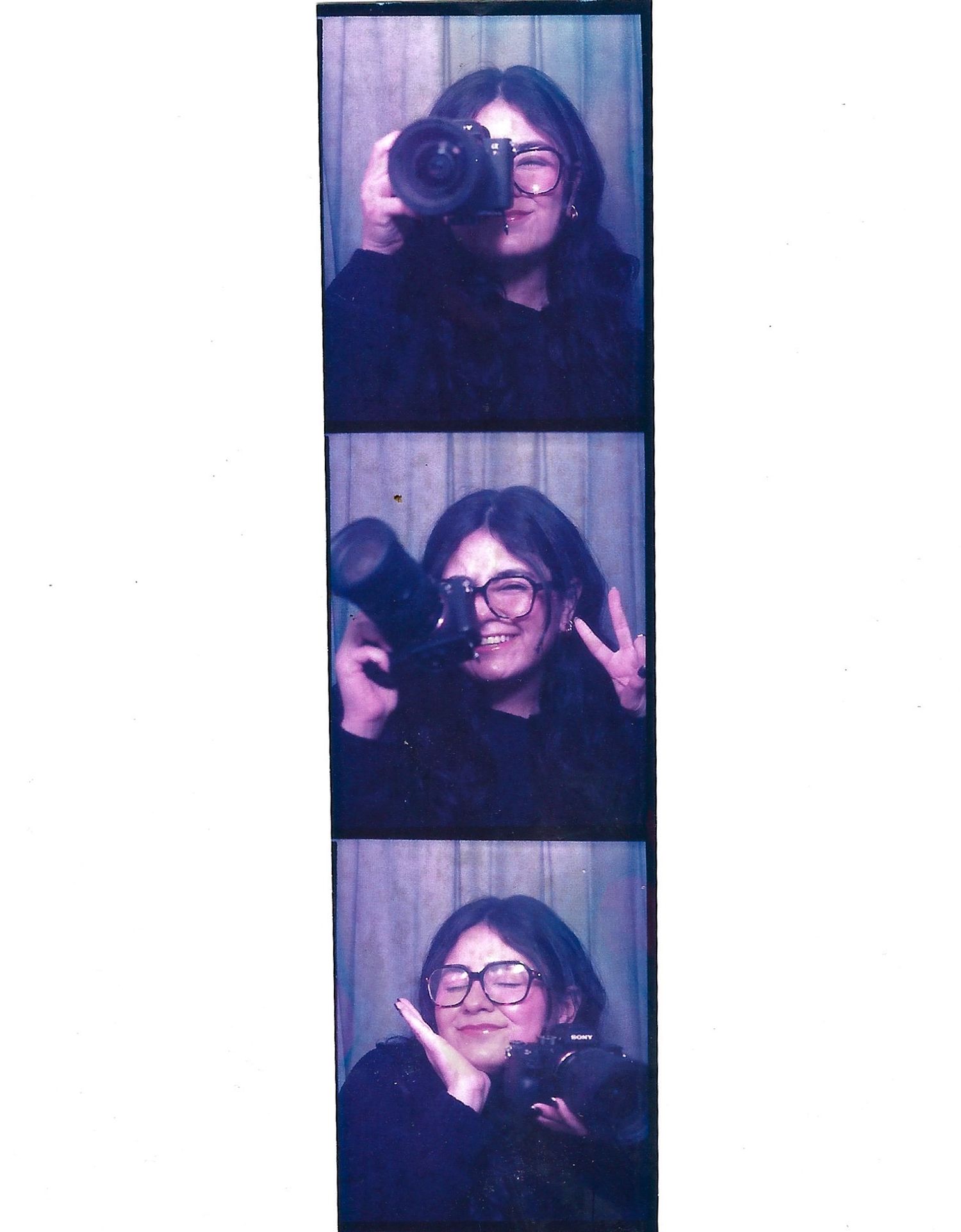 A series of photo booth style portraits with purple lighting and vintage effect.