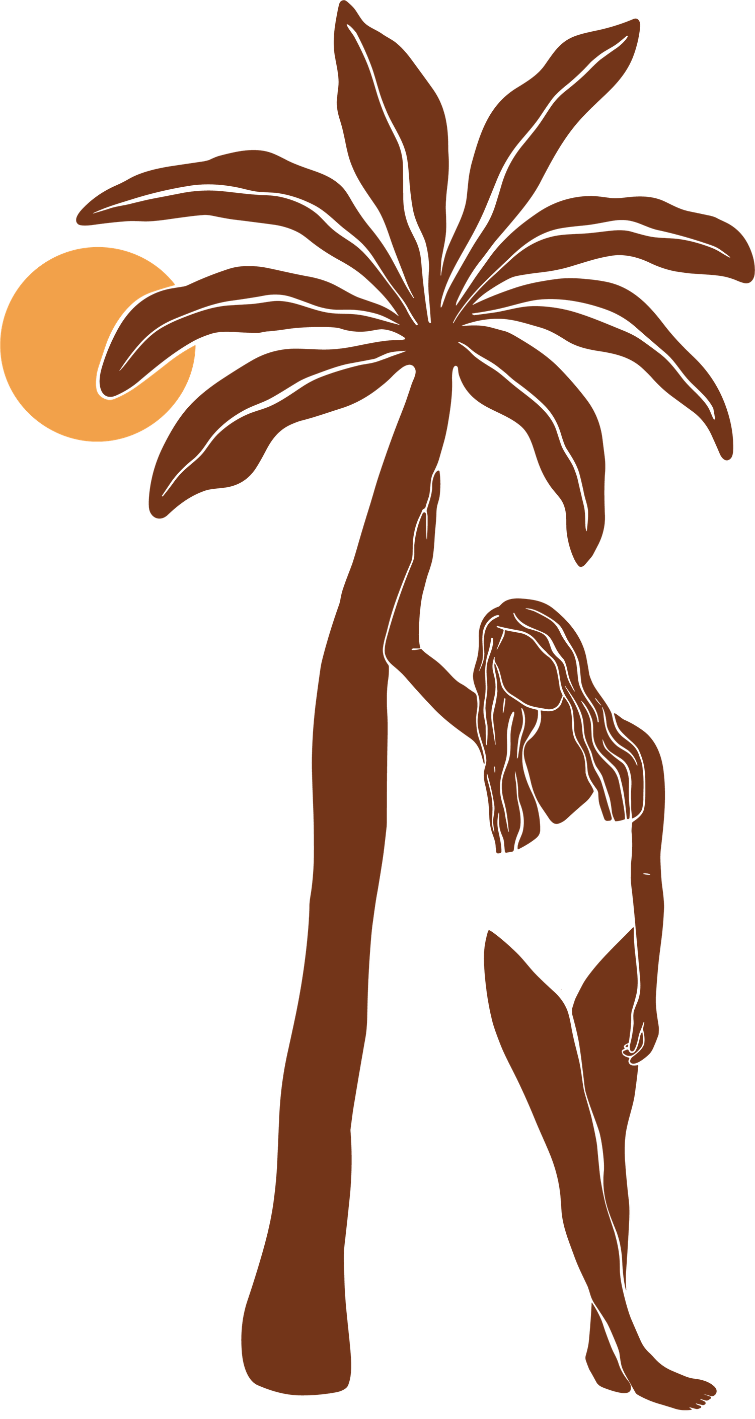 Minimalist brown illustration of a woman in white swimsuit leaning against a tall palm tree with a golden sun.