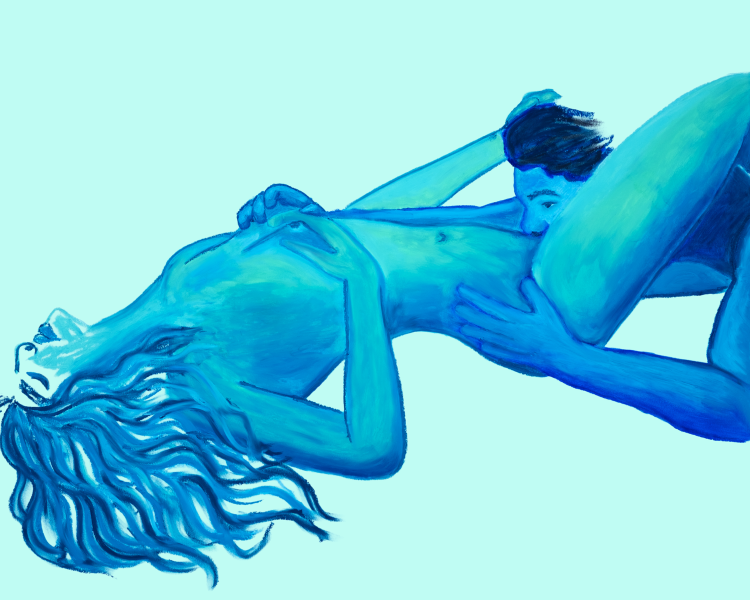 Blue-toned painting of two nude figures in an intimate embrace, rendered in shades of cyan and cobalt.