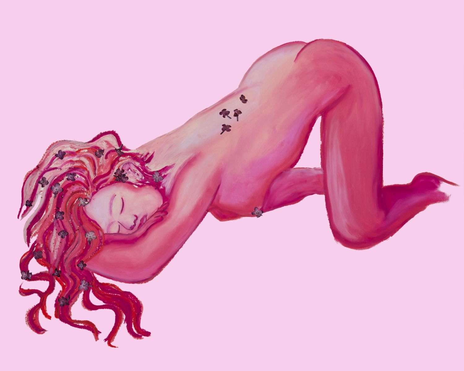 Pink-toned painting of a reclining nude figure with flowing red hair and small floral tattoos on their back.