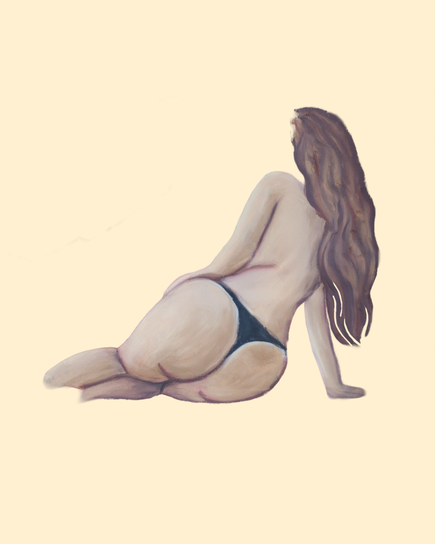 Painting of a woman with long brown hair sitting on the floor, viewed from behind, wearing dark bikini bottoms.
