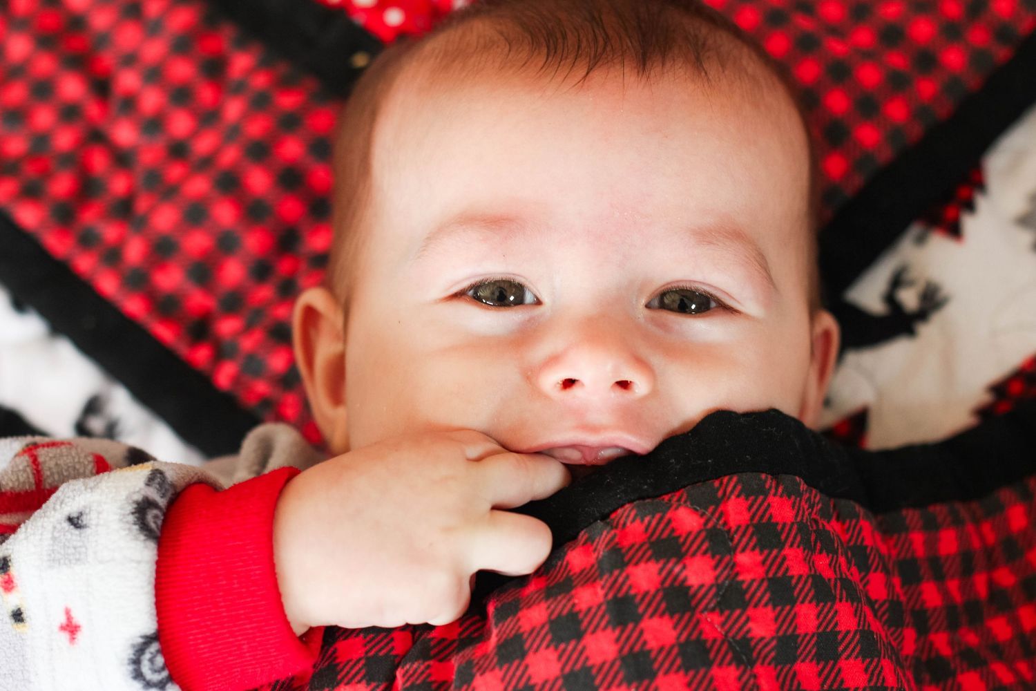 Baby lying on red and black buffalo plaid blanket.
