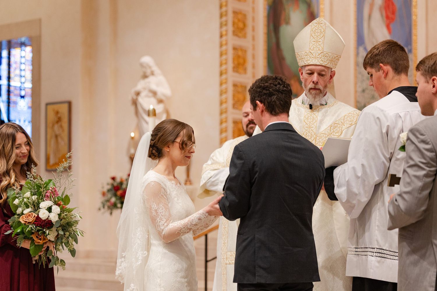 A wedding ceremony montage showing multiple moments during a traditional church service with the couple and clergy.