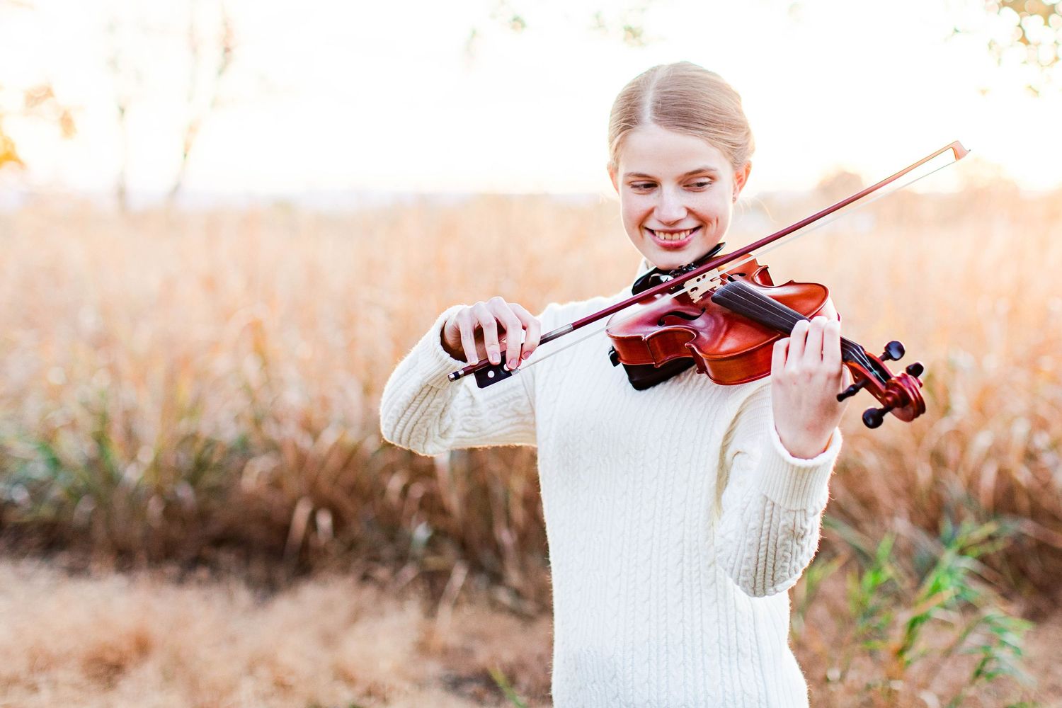 A series of violin performance shots captured in golden sunlight.