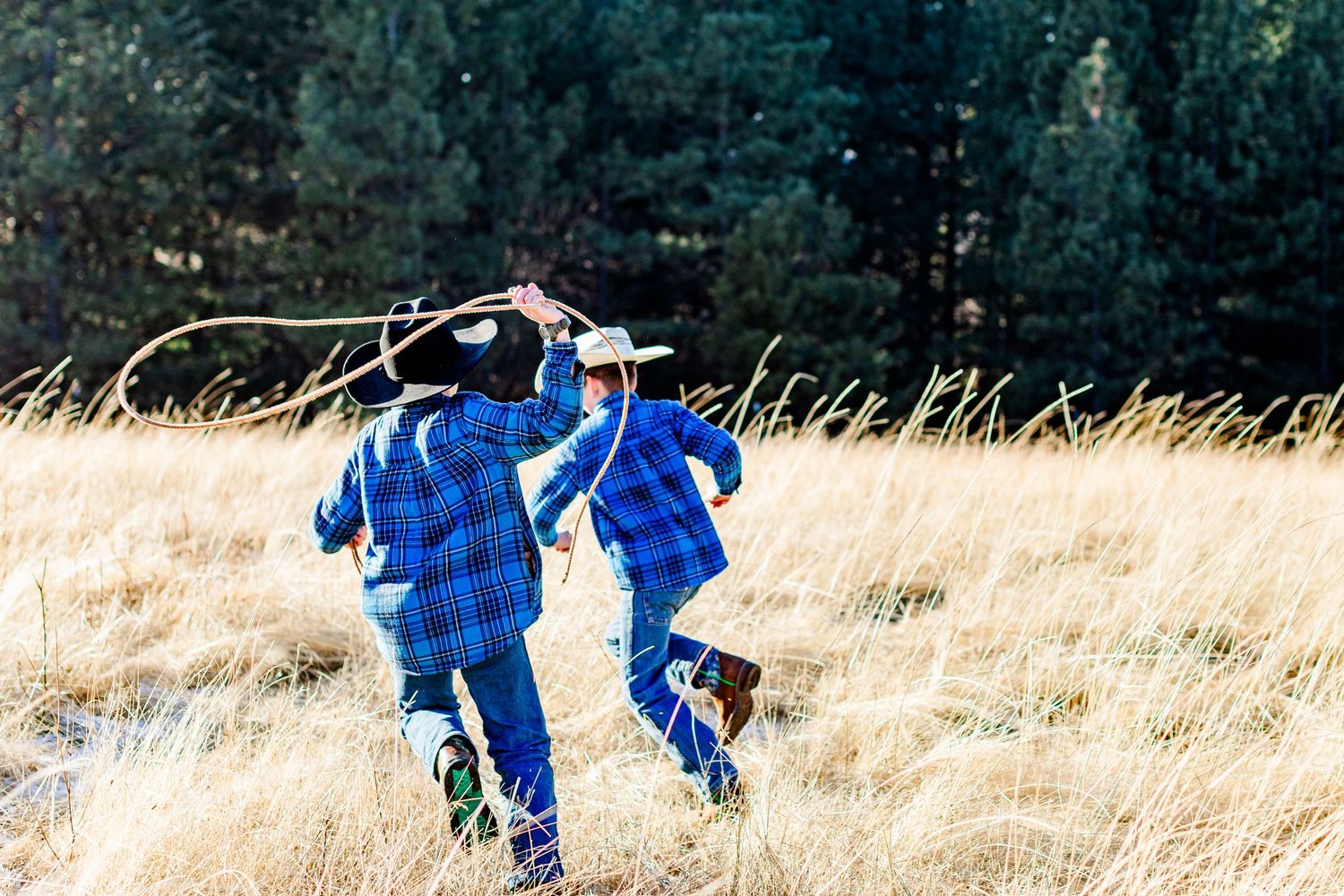 Playful western scene with children running through tall golden grass at sunset.