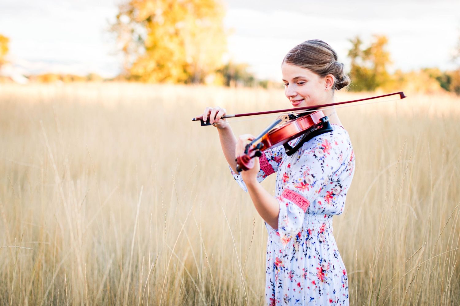Musician playing violin in golden wheat field during sunset.