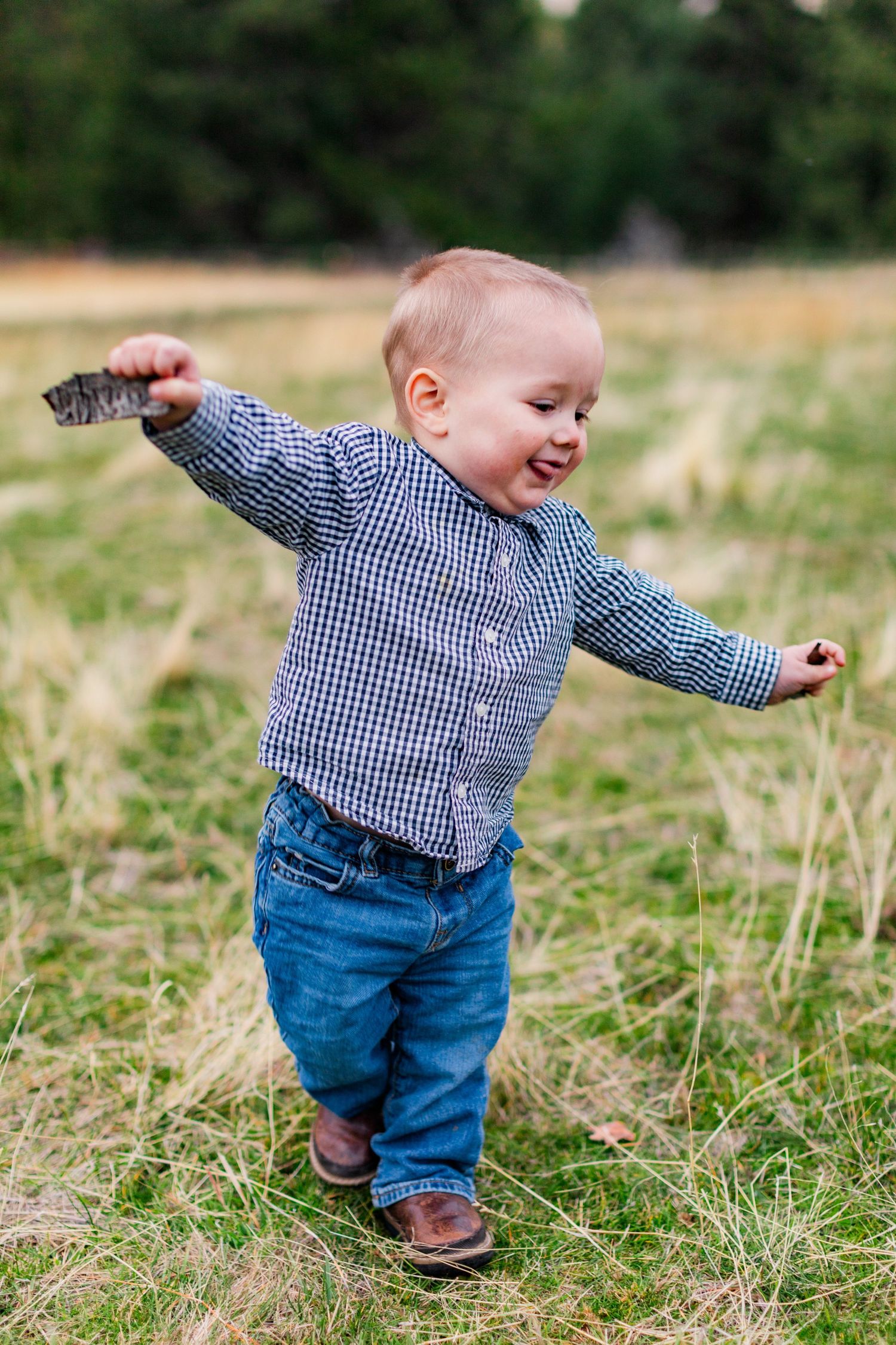 A toddler in blue jeans and gingham shirt plays joyfully on a grassy hillside in a sequence of candid action shots.