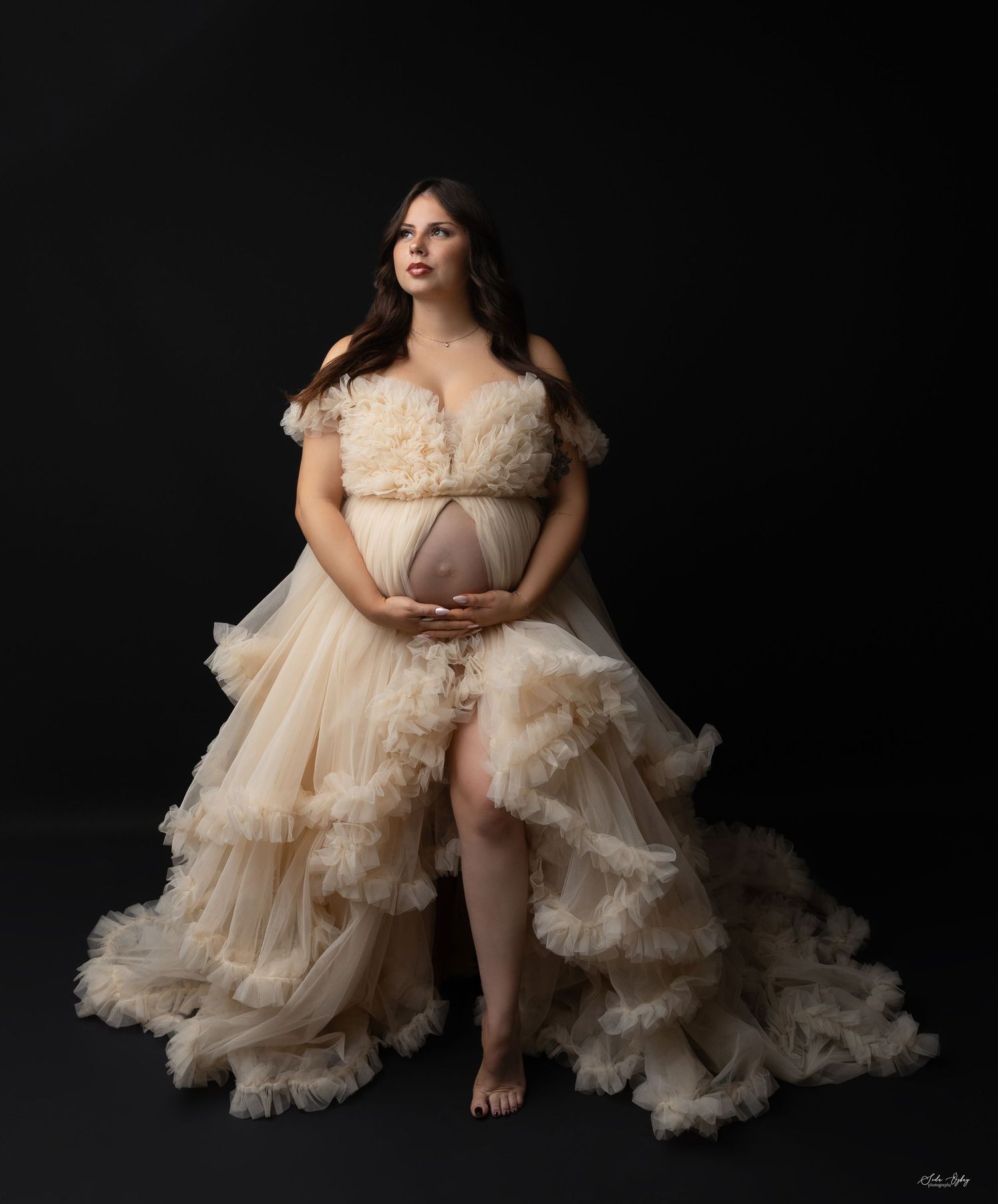 A figure in a flowing champagne-colored tulle gown poses dramatically against a dark background in a maternity photoshoot.