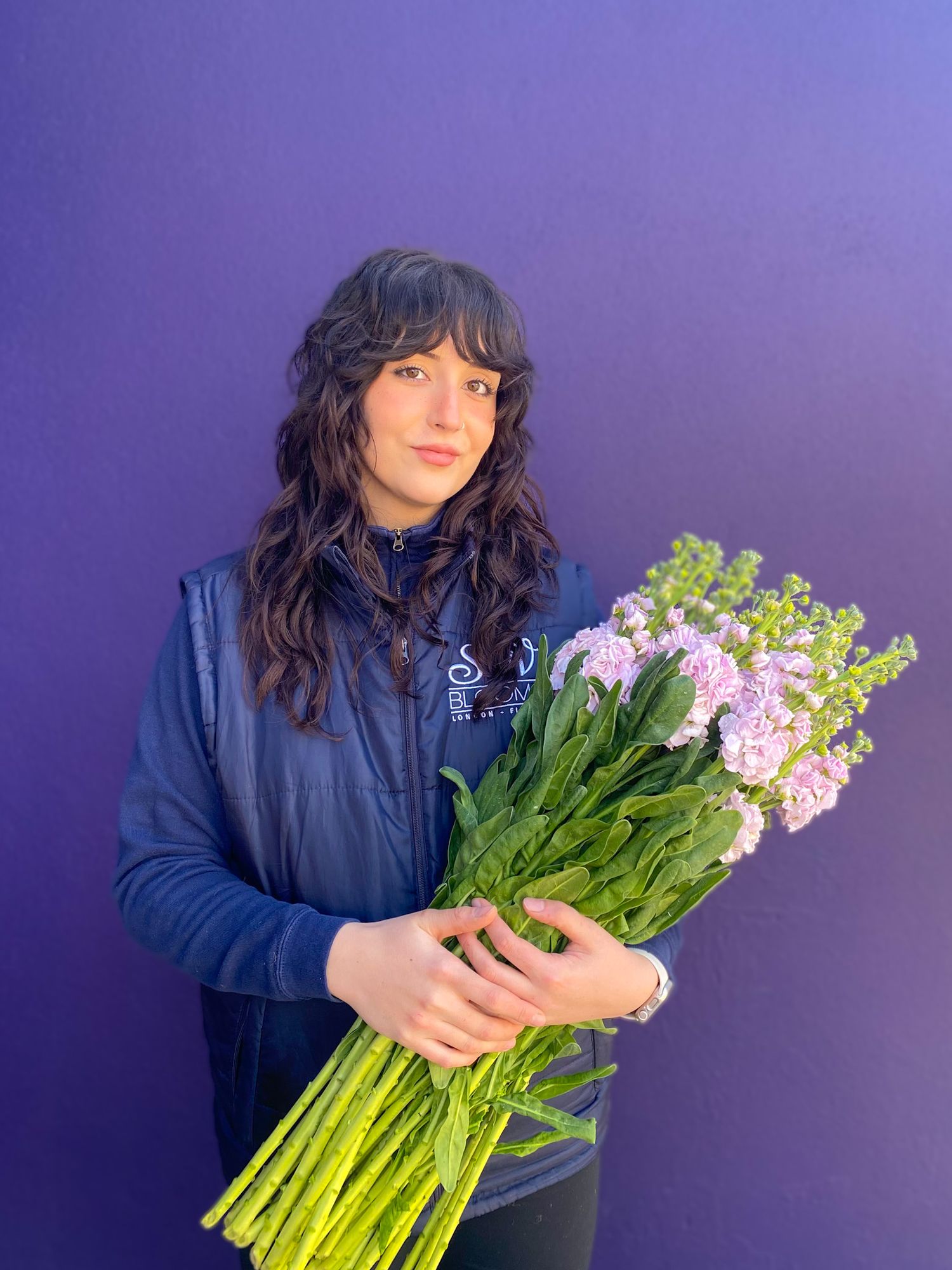 Someone holding fresh purple and white flower bouquet against purple background.