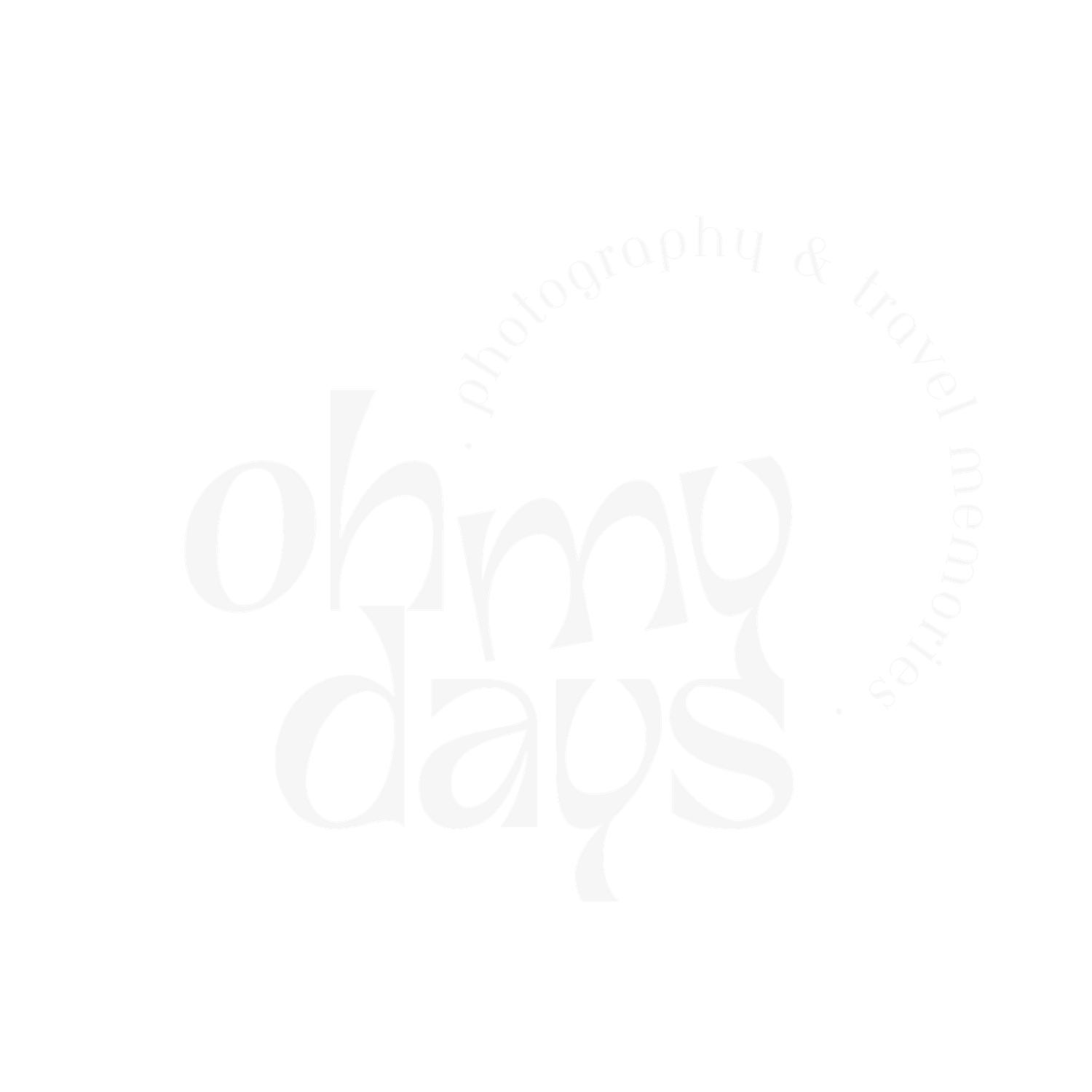 Circular white logo design reading 'Oh My Days' with photography and travel magazine text on black background.
