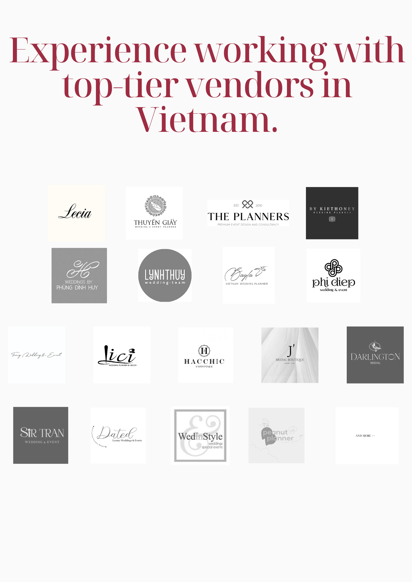 Promotional graphic showcasing experience working with top-tier wedding vendors across Vietnam with multiple logos.