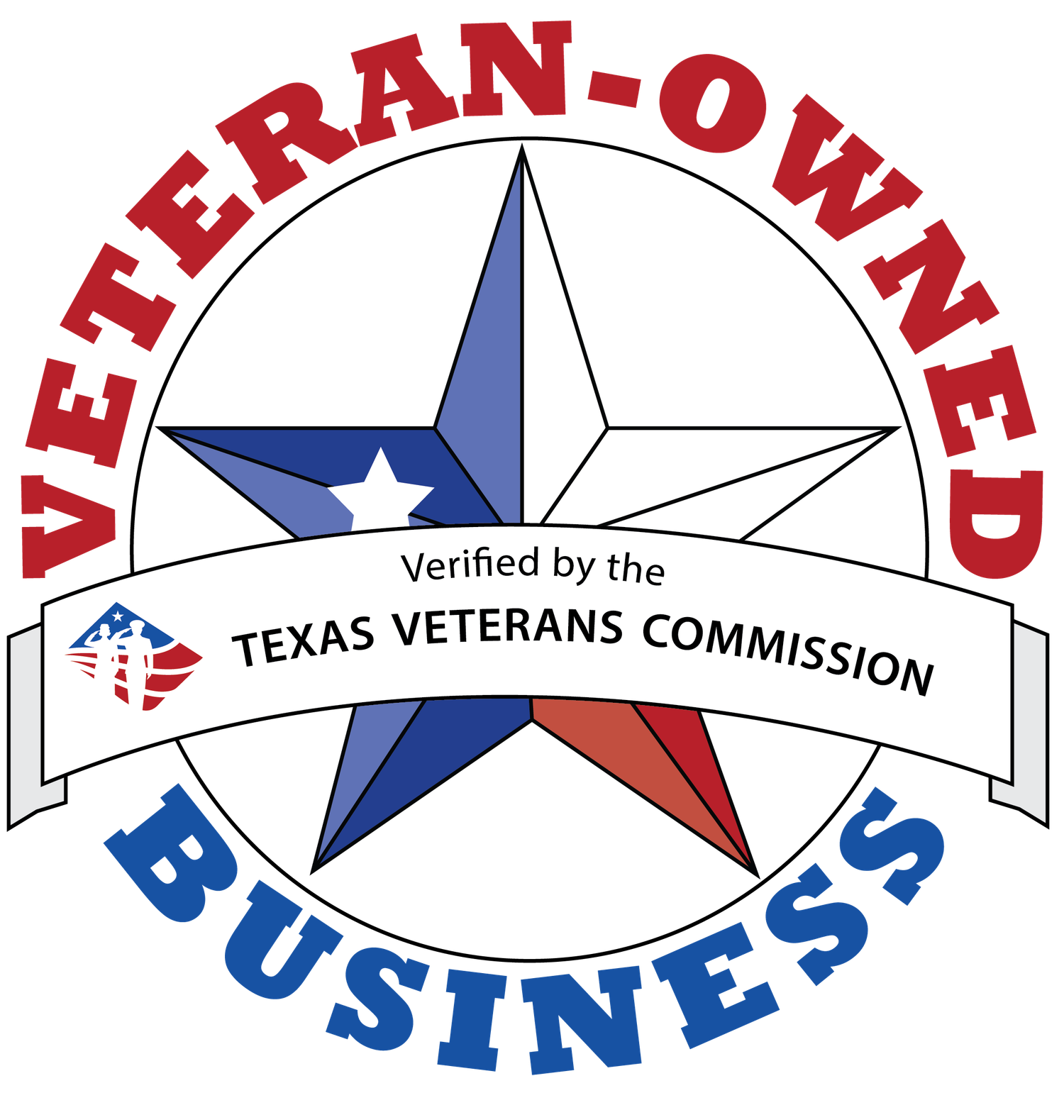 Veteran-Owned Business seal verified by the Texas Veterans Commission featuring a Lone Star in red, white, and blue.