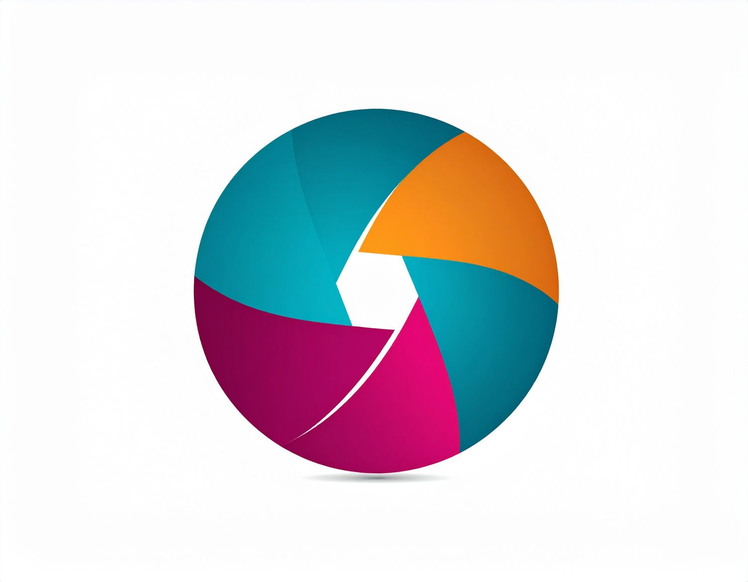 A minimalist circular logo design featuring shutter-like segments in teal, orange, and magenta colors.