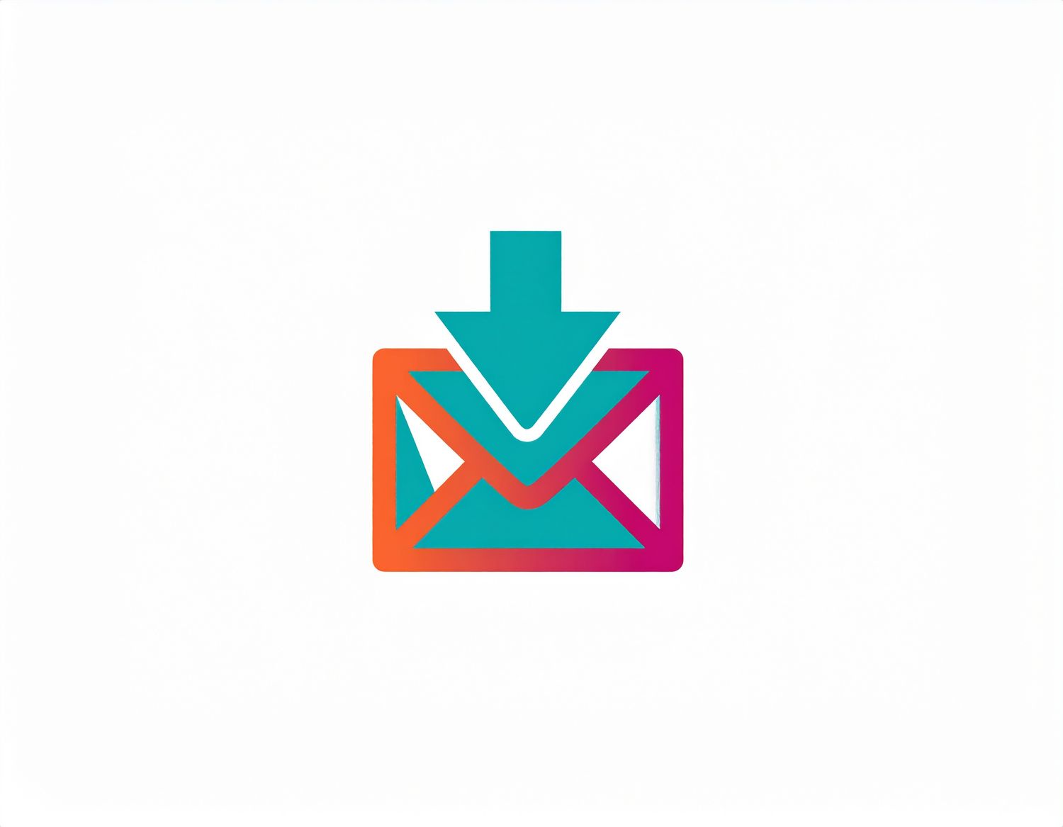 Colorful logo icon showing a turquoise downward arrow pointing at a stylized orange and pink envelope or mail symbol.