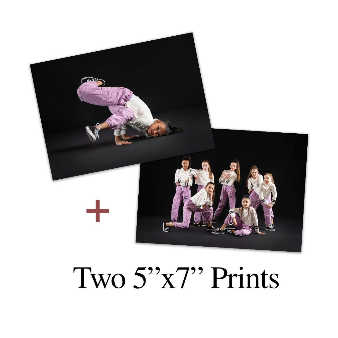 Two 5x7 prints of dancers in purple outfits, one solo floor pose and one group shot on a dark studio background.