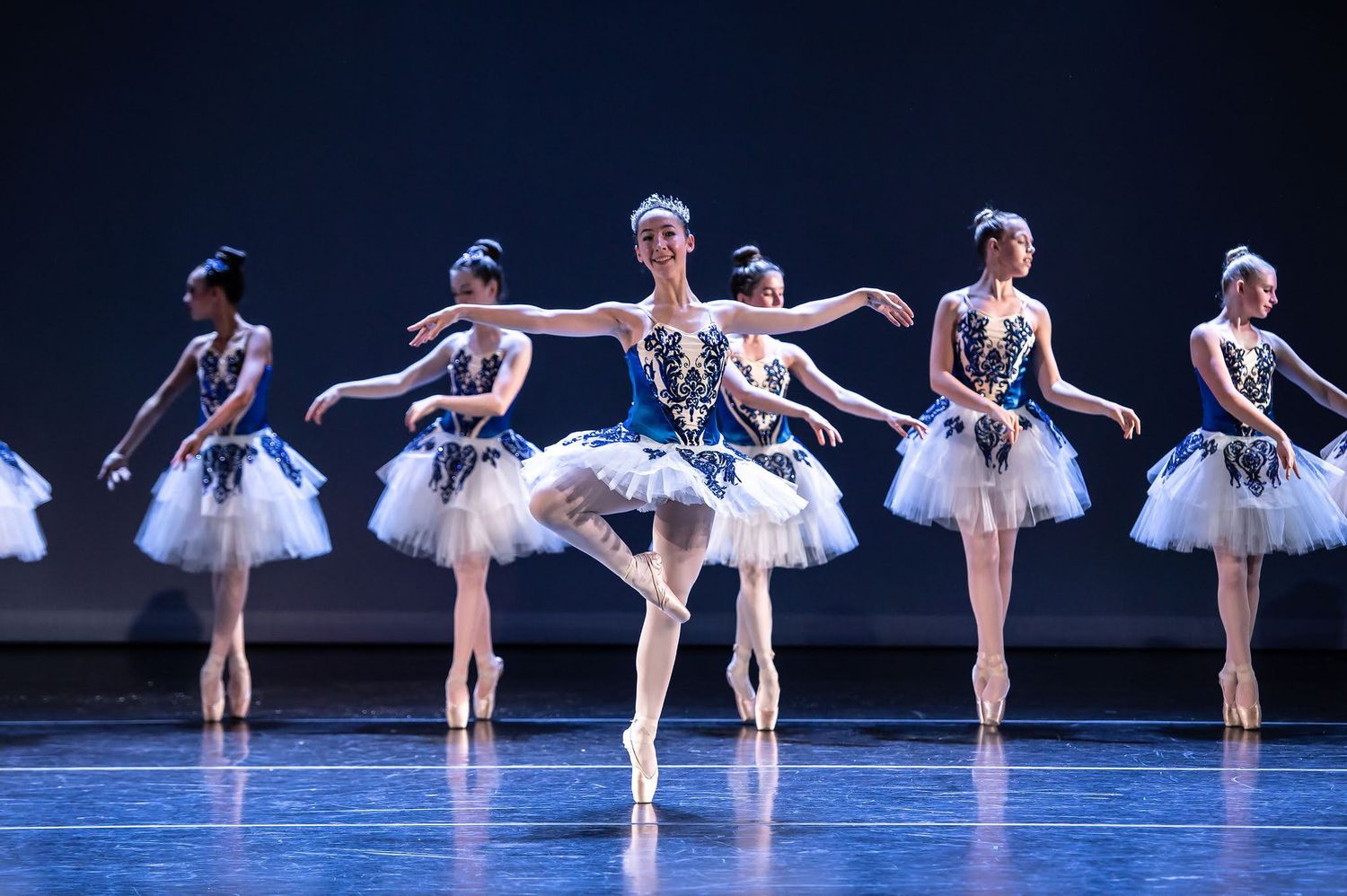 Ballet dancers in white and blue tutus perform on pointe in a synchronized classical ballet recital.