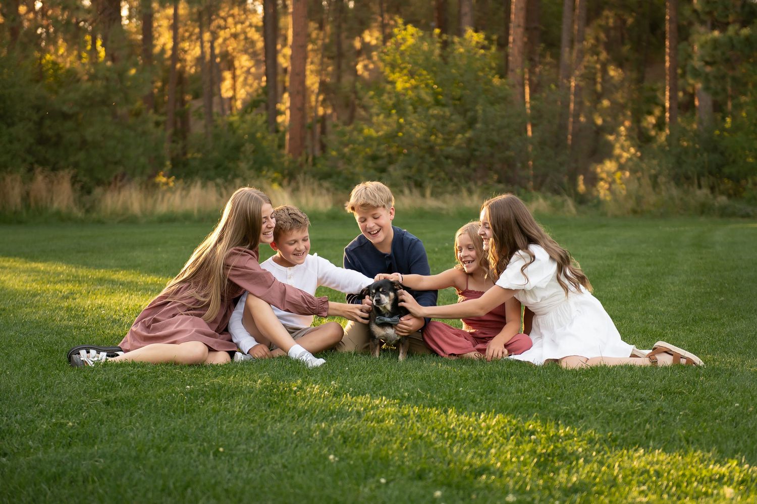Five children sit in a circle on green grass petting a small dog at golden hour.