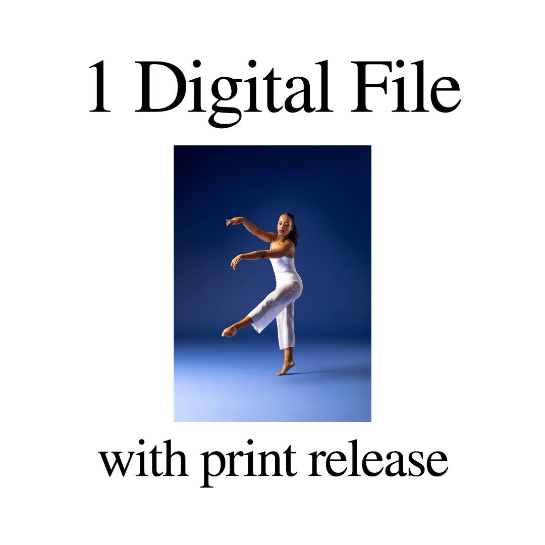 One digital file with print release featuring a dancer in white leaping gracefully against a blue studio background.