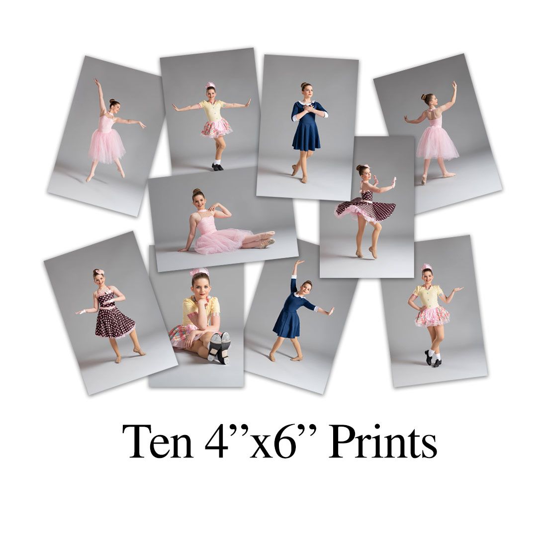 Ten 4x6 prints of young ballet dancers in colorful tutus posing individually against a gray studio background.