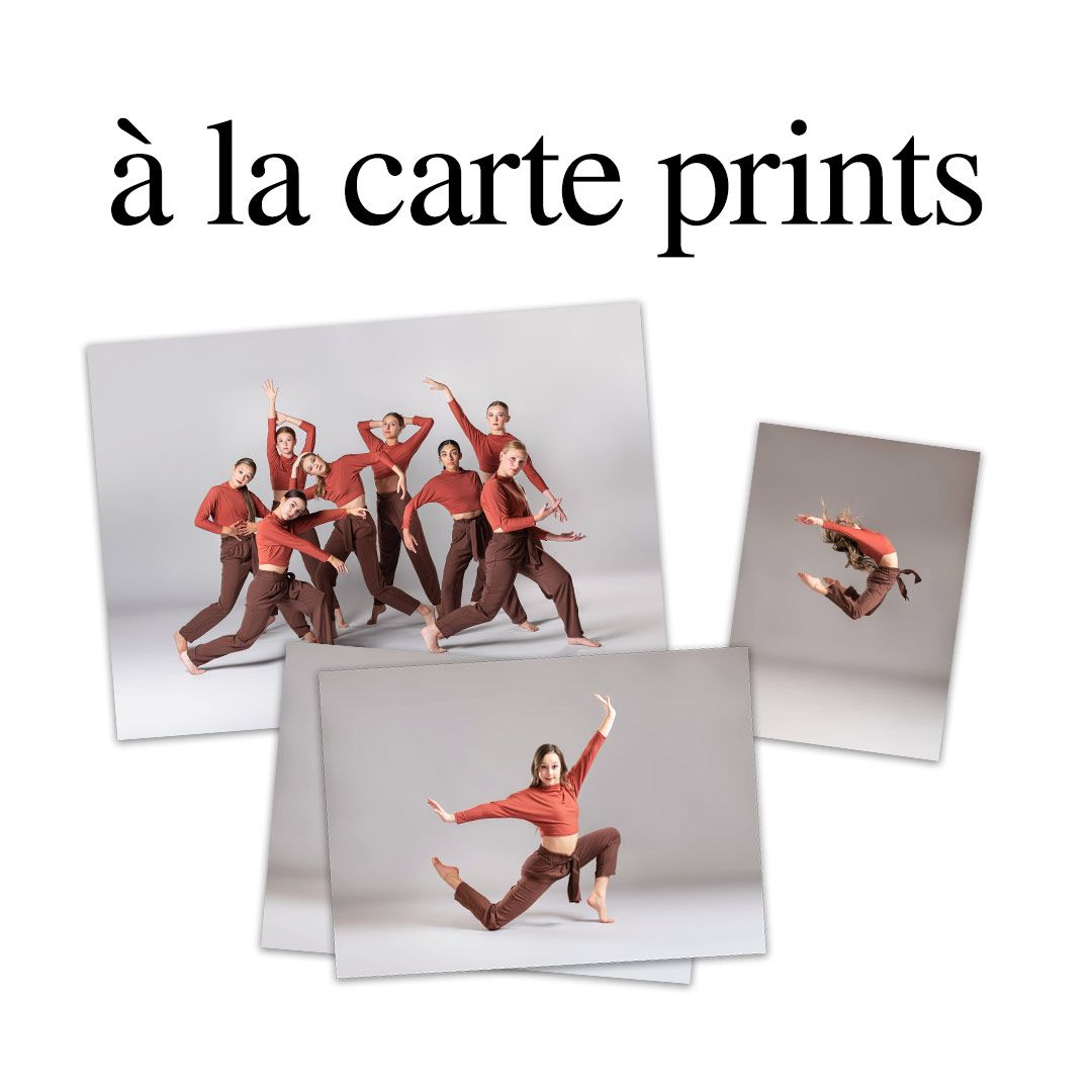 A la carte dance prints showing group and solo dancers in red and orange outfits on a light gray background.
