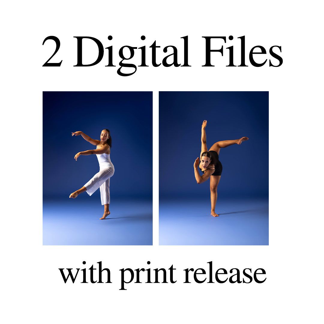 Two digital dance photos with print release showing a dancer in white and a gymnast mid-leap against blue backgrounds.
