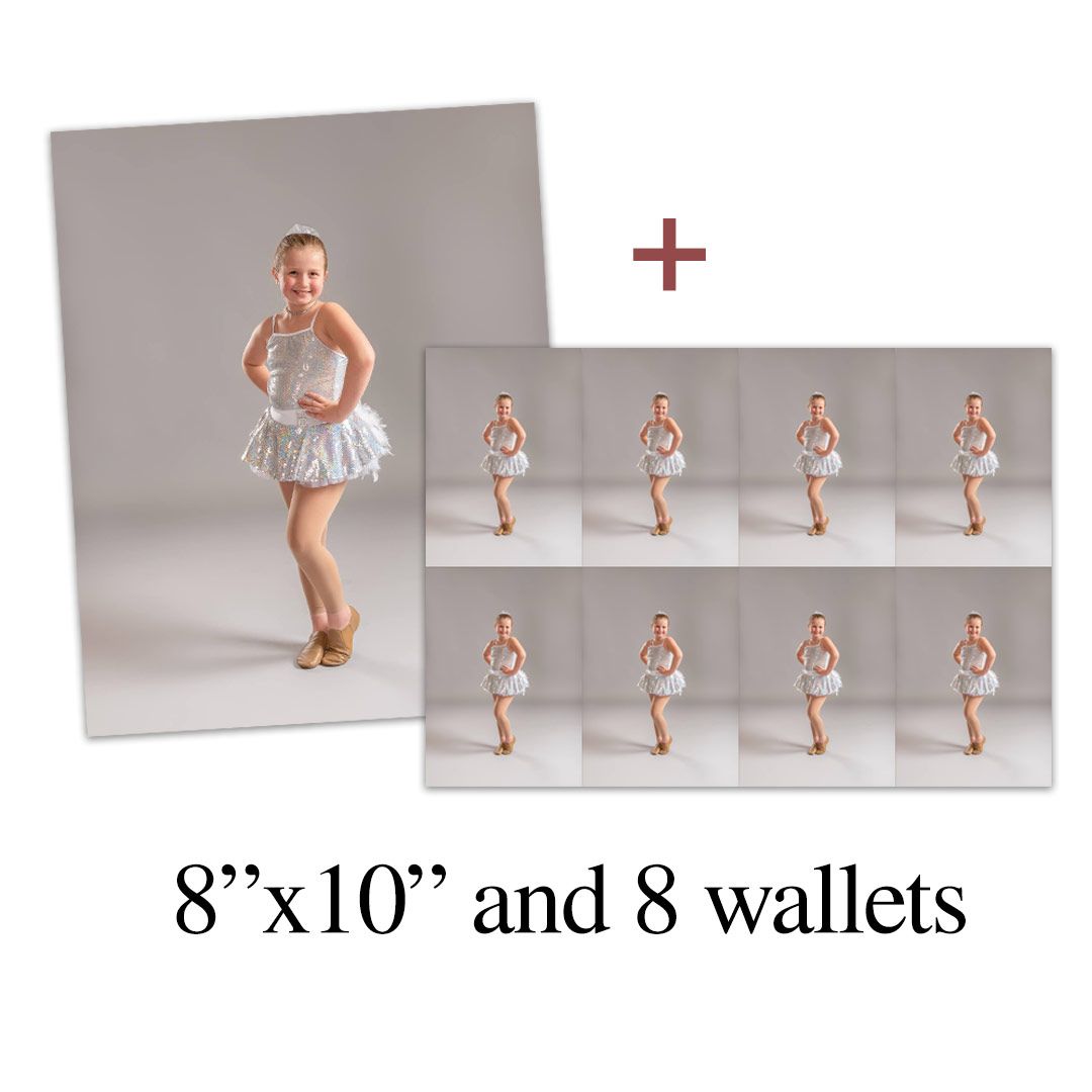 An 8x10 print plus 8 wallet photos of a young girl dancer in a silver costume posed on a light gray background.