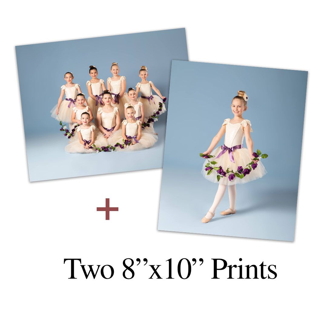 Two 8x10 prints featuring a group of young ballerinas and a solo dancer in purple floral costume on blue backdrop.