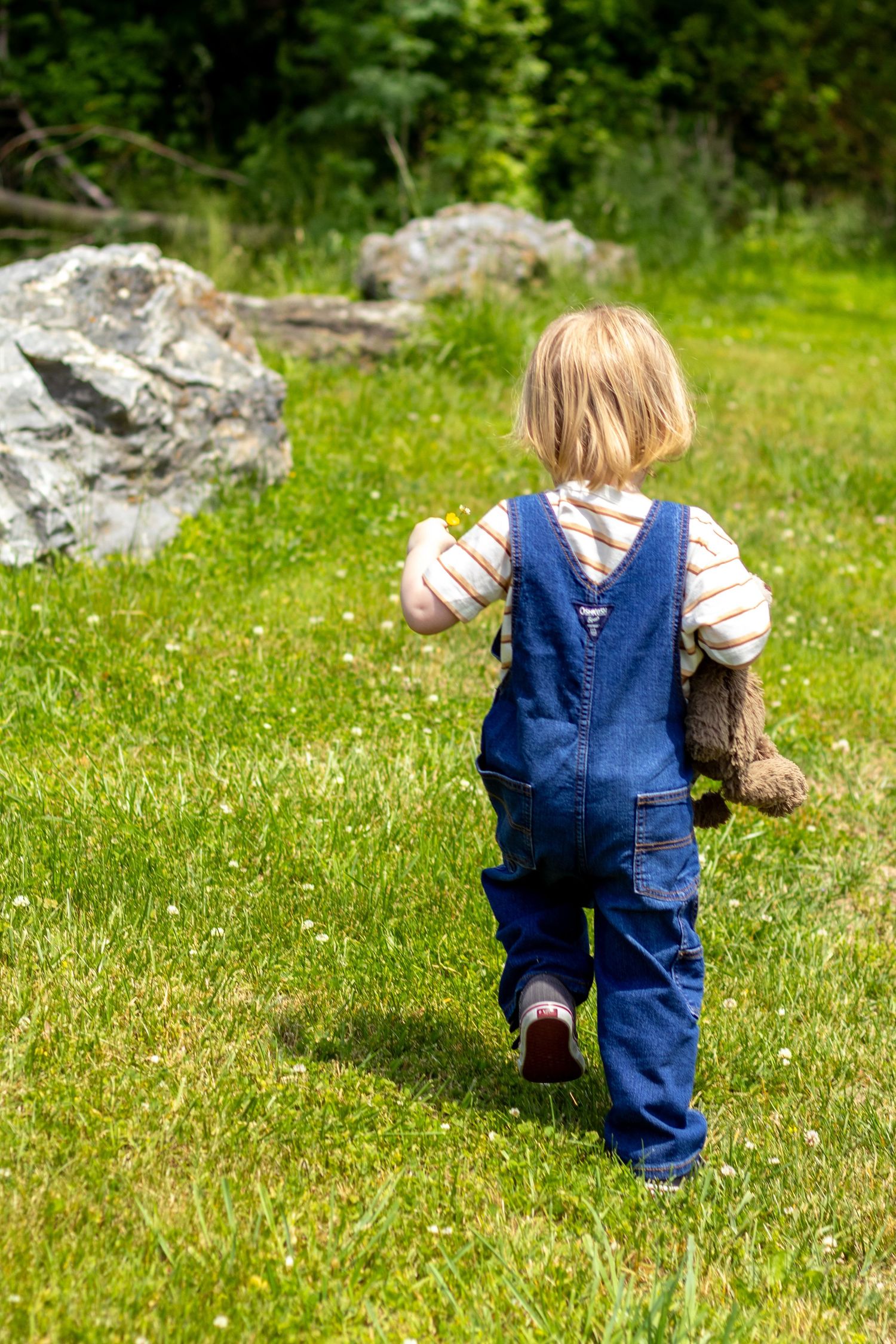 Central PA portrait mommy and me session child walking in grass near rocks by Millie D'Auria Photography