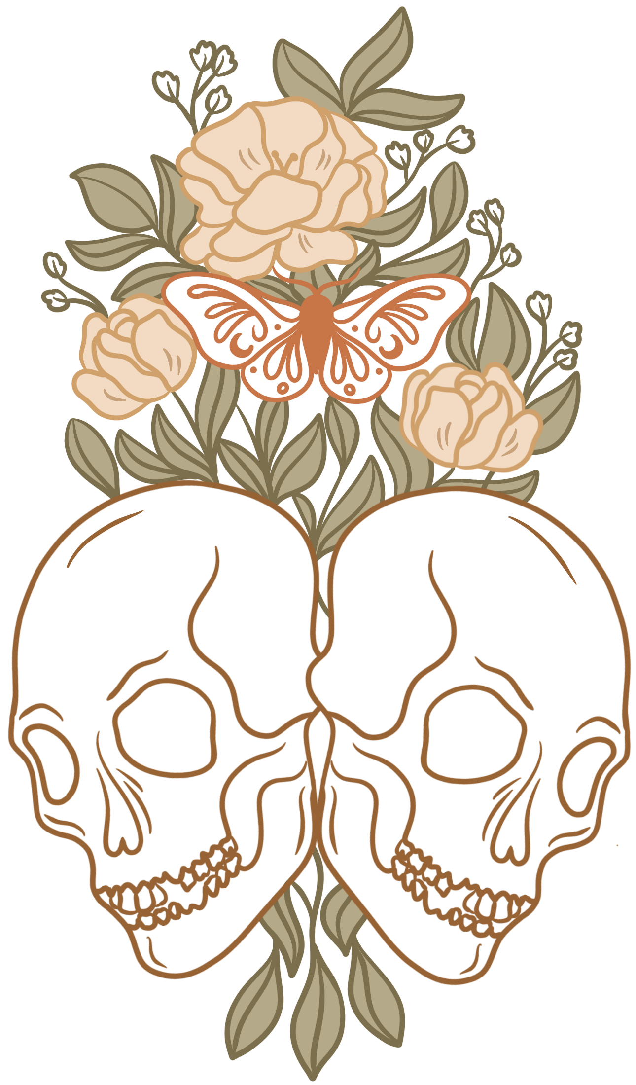 Decorative illustration of two skulls facing each other surrounded by peach roses, leaves, and a butterfly.