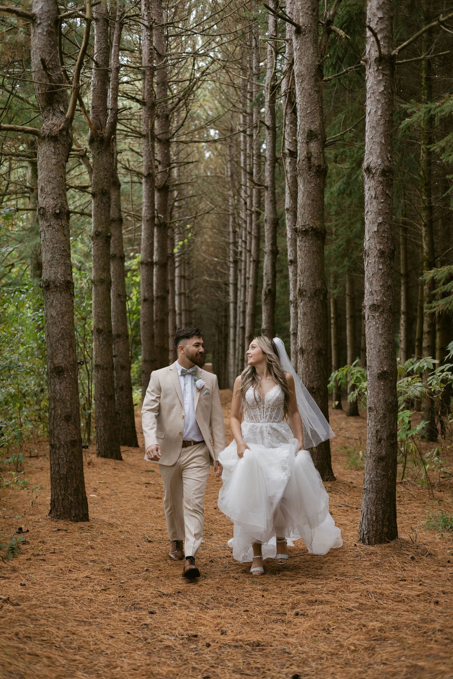 Bride and groom walking hand in hand through a pine forest on their wedding day.