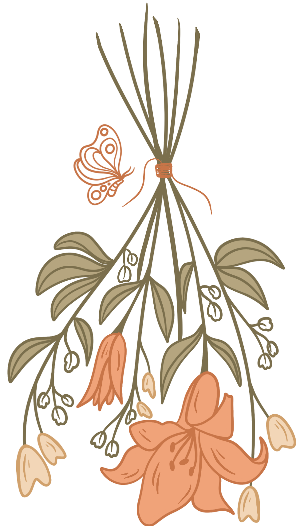 Detailed botanical illustration of a hanging bouquet with orange lilies, white flowers, and an orange butterfly.
