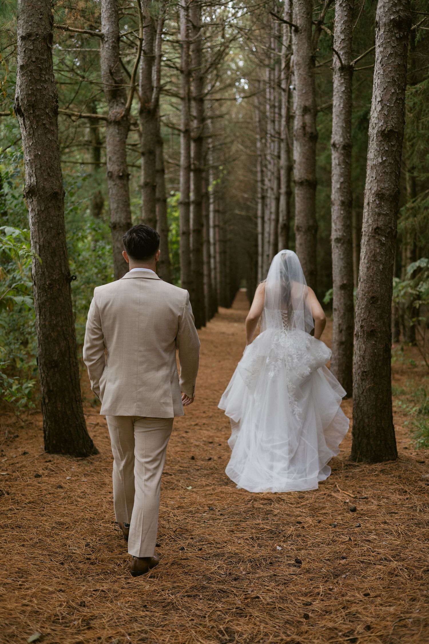 Bride and groom walk away down a pine forest path, bride in white tulle gown with veil.