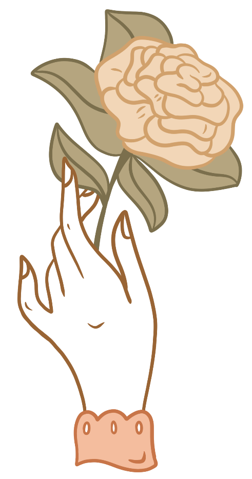 Illustrated hand holding a blooming peach rose with green leaves in a delicate vintage style drawing.