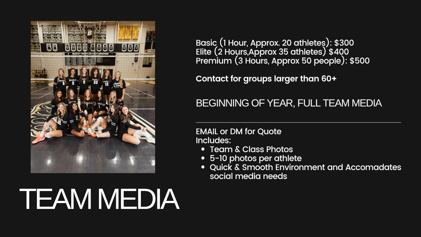 A team media photography package flyer featuring a group of athletes posing together, with pricing options starting at $300.