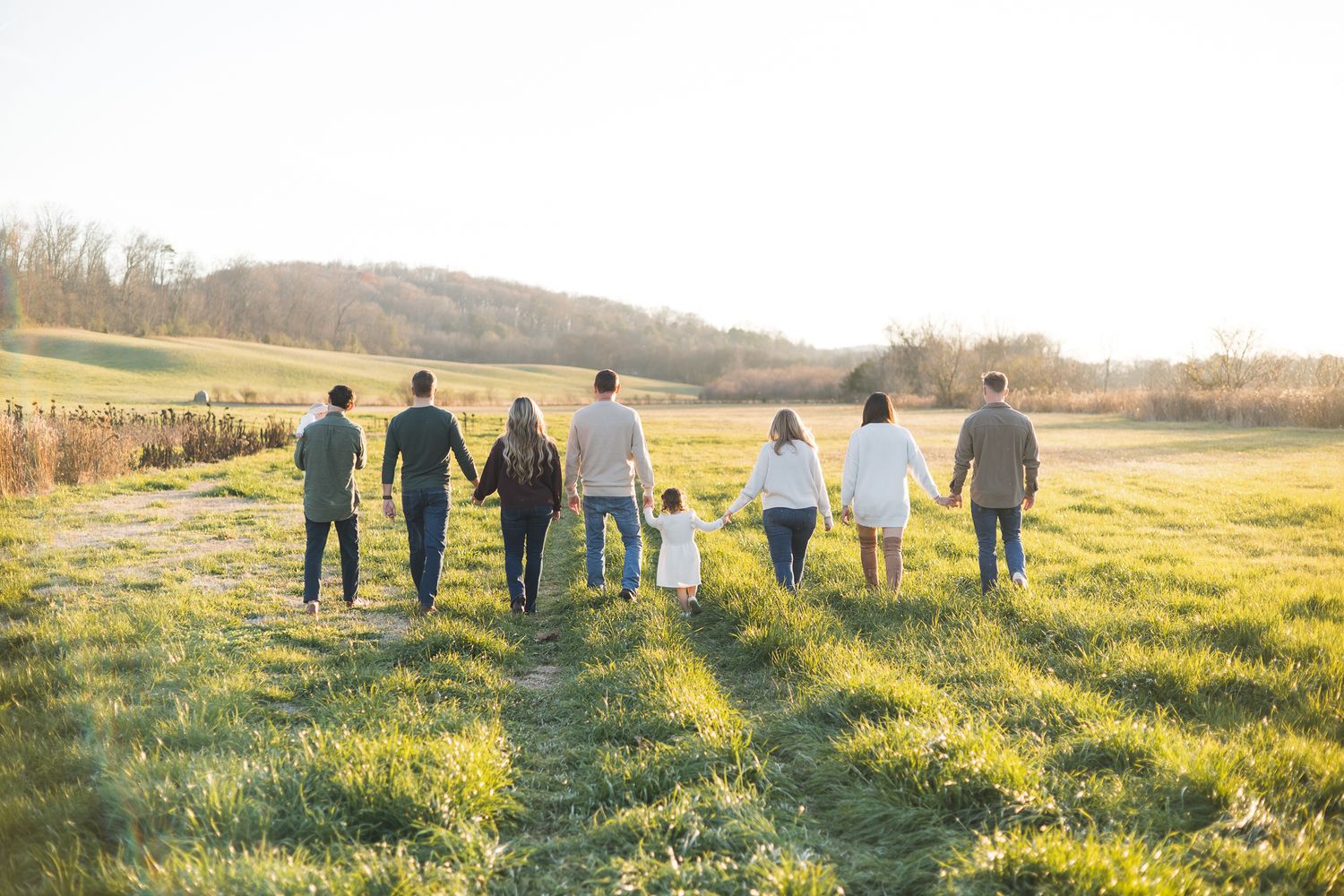 Seven family members holding hands walking together through open green sunlit countryside field.