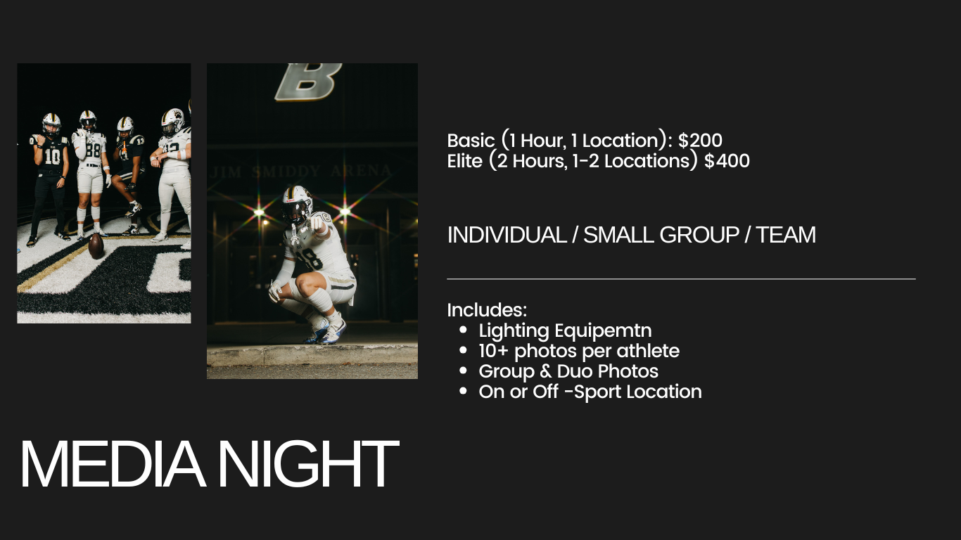 Football media night promotional flyer offering individual, group, and team photography packages with lighting equipment at sport locations.